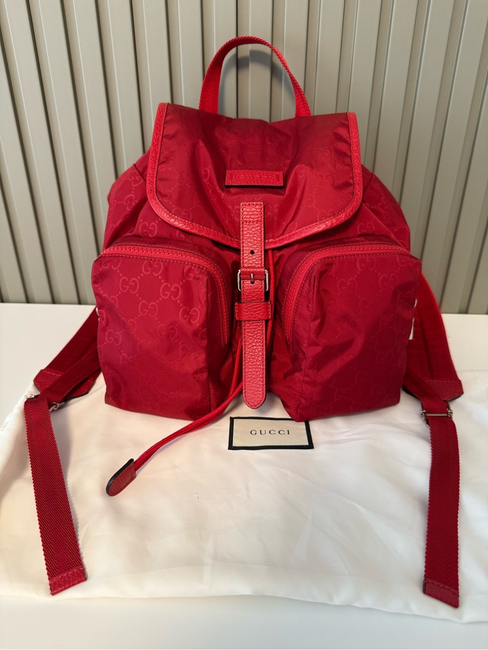 Gucci Red GG Nylon Backpack with Front Pockets Unisex